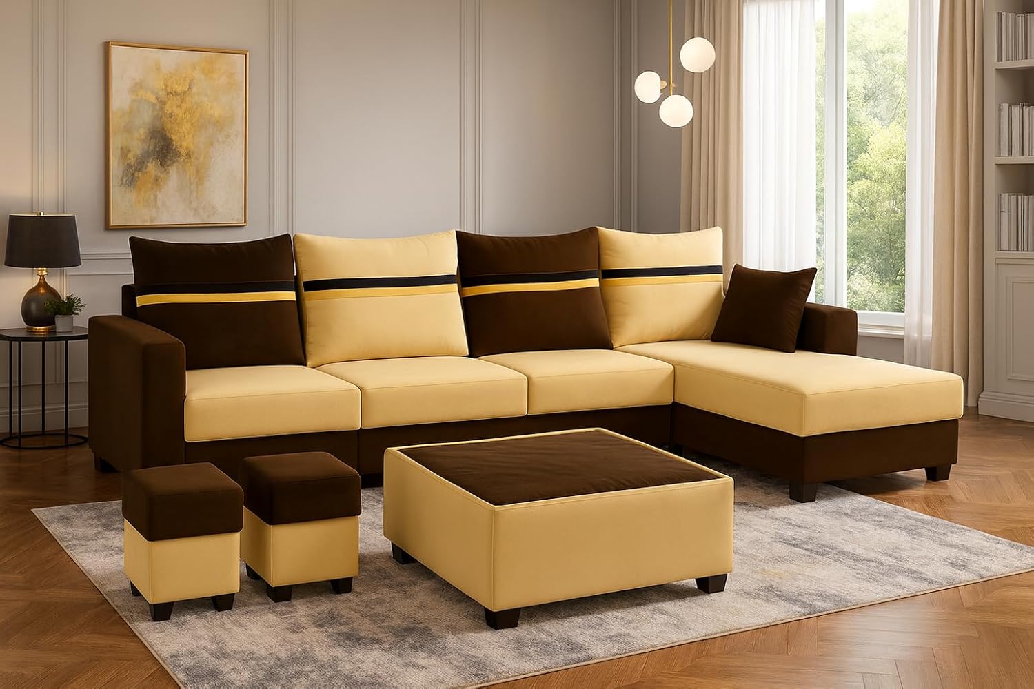 CASASTYLE Wallis 8 Seater Fabric RHS L Shape Sofa Set with 1 Centre Table & 2 Puffy (Cream- Brown) | Velvet Finish | Comfortable Sectional Sofa for Living Room - Image 2