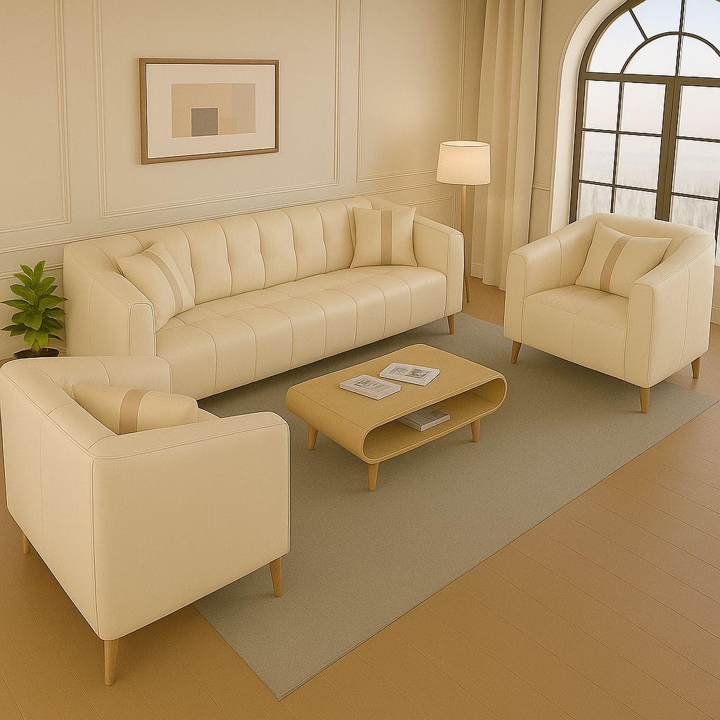 FURNART FURNITURE & INTERIOR Alzio 5 Seater Sofa Set 3+1+1 Washable Backing Leatherette for Living Room Modern Style Comfortable Seating with Cushions (Cream) - Image 2