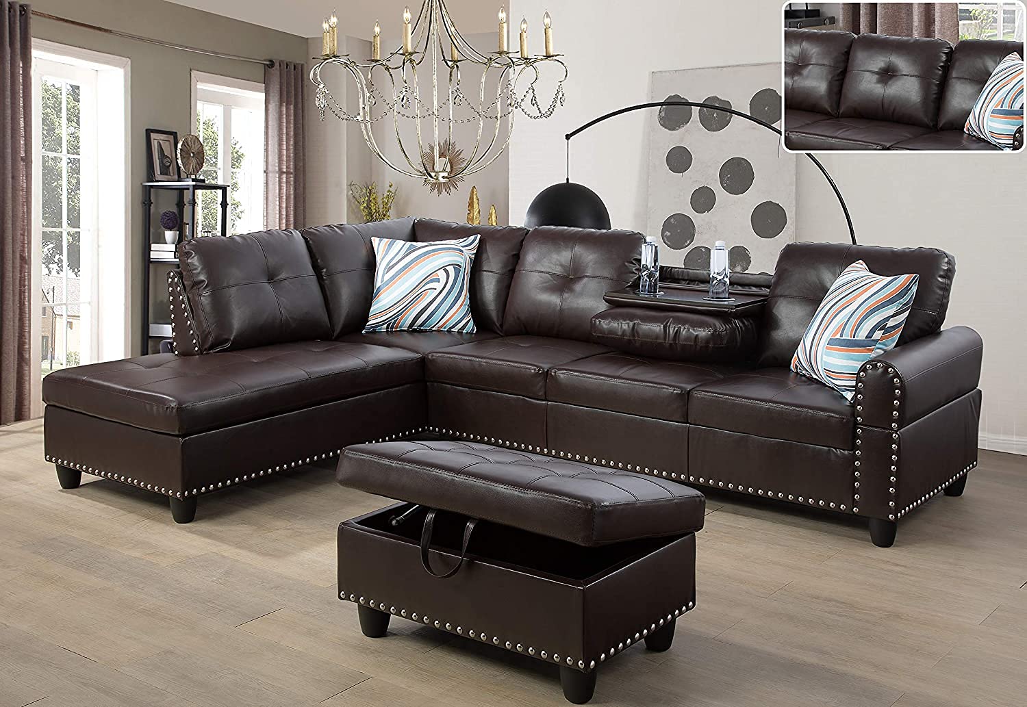 Falom Wide Faux Leather Sofa & Chaise with Ottoman 6 Seater for Living Room, Bedroom, Office. (Brown) - Image 2
