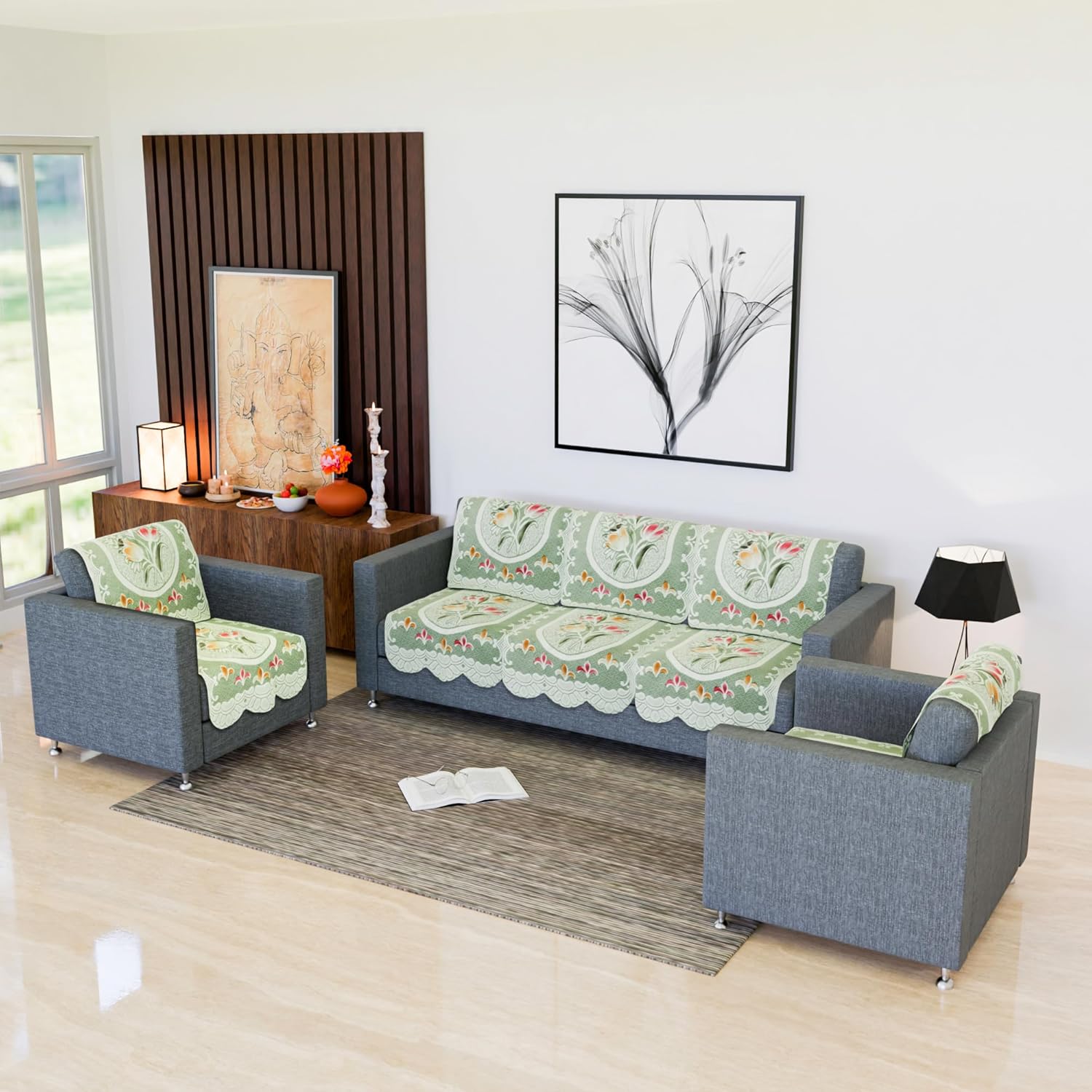 Fun Homes Cotton Sofa Cover 5-Seater Set | Washable Tulip Printed Sofa Protector for Home Decor, Offices, Hotels, Furniture Protection & Everyday Use | Green - Image 2