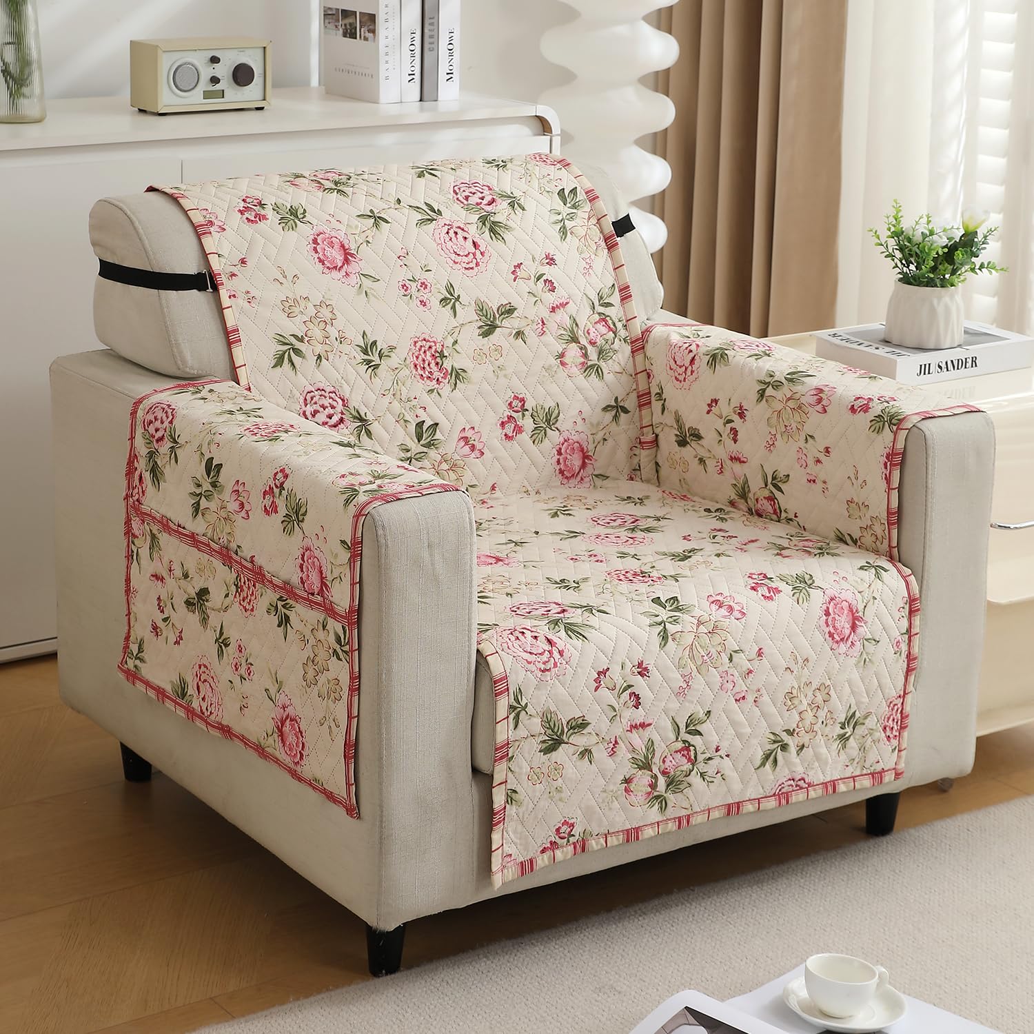 HOKIPO 'HomeHues Series' 1 Seater Quilted Printed Sofa Cover with Pockets, Beige Peonies (IN-811-D3) - Image 2