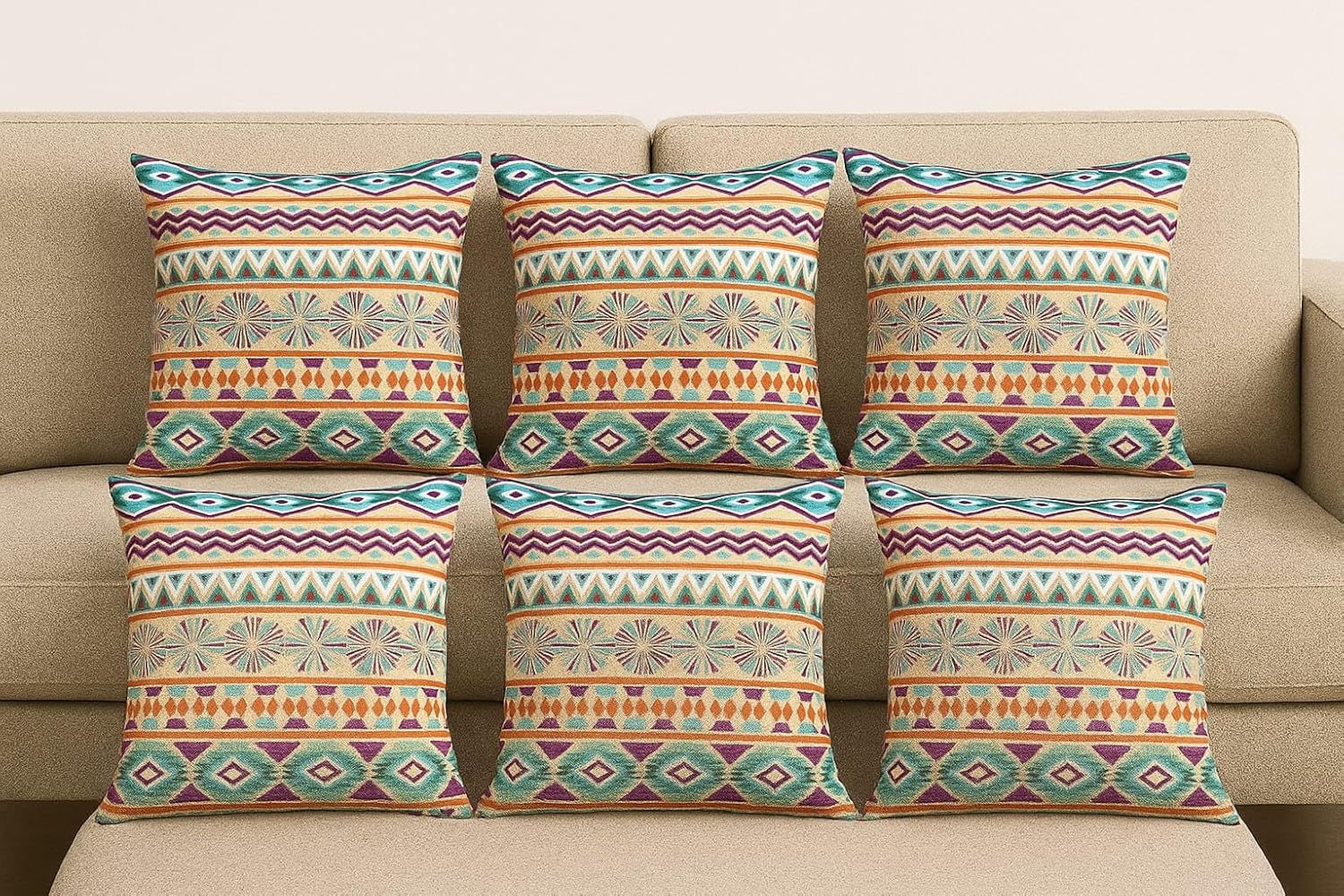 Jute Cushion Cover 20x20 Inch – Set of 6 Decorative Throw Pillow Covers for Sofa, Couch or Bed – Designer Printed Square Cushion Covers – Home Décor(Multi) - Image 2