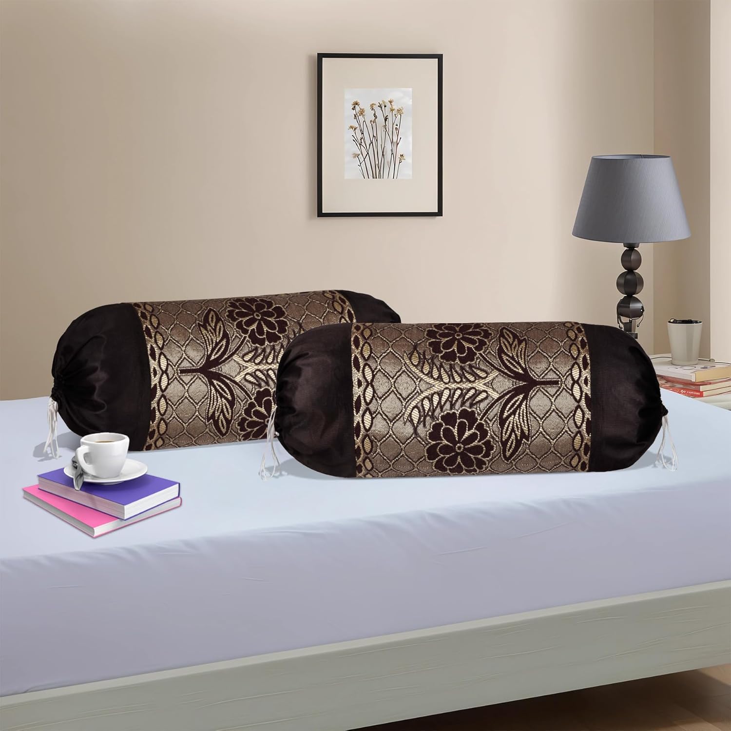 Kuber Industries 2 Pcs Aesthetic Bolster/Side Pillow Cover with Dori for Sofa & Diwan | Washable Cylindrical Takiya & Round Pillow Cover for Home Decor | Flower Design - Golden Brown - Image 2