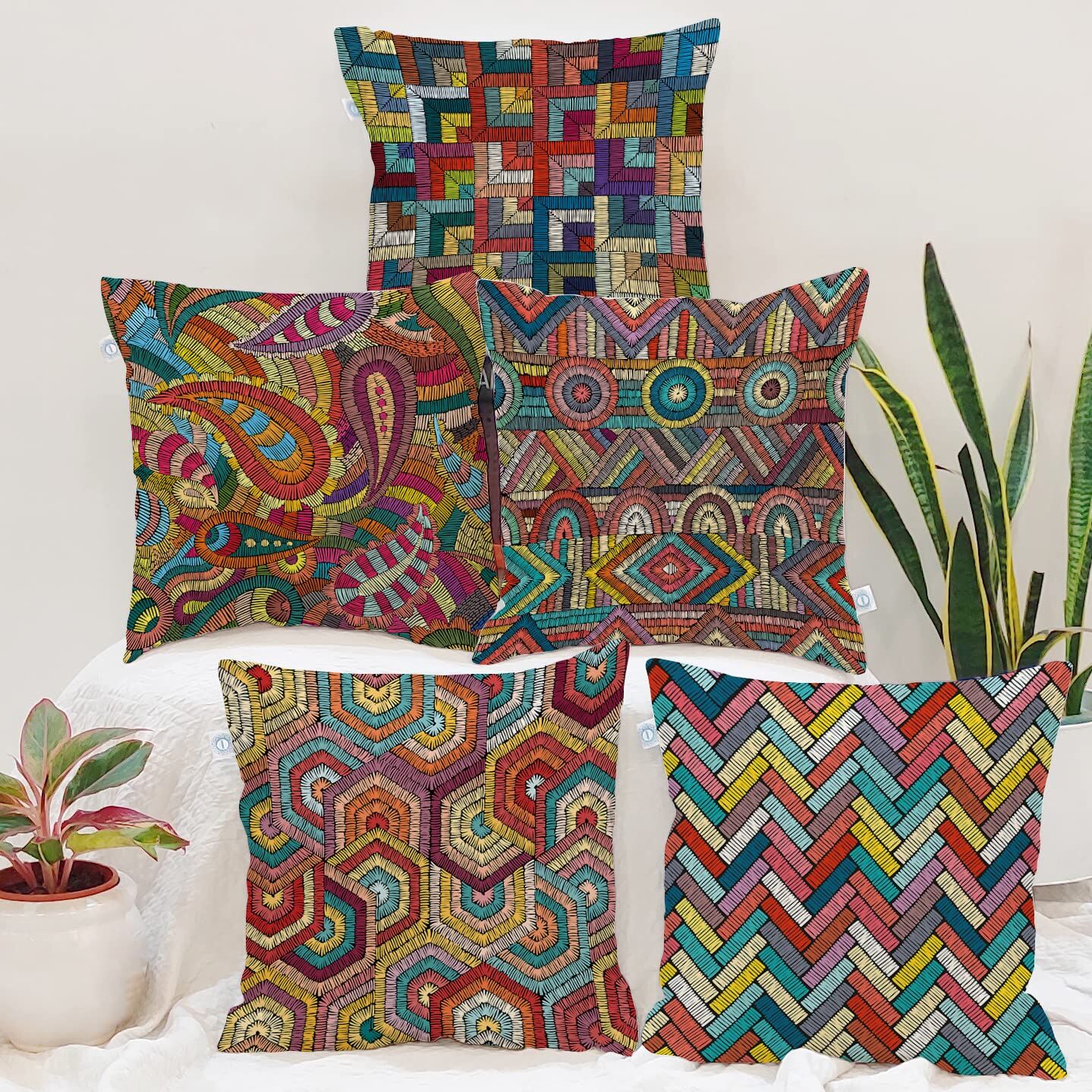 STITCHNEST Set of 5 Polycotton Cushion Covers – 16x16 Inches – Multicolor Boho Embroidery-Style Prints – Artistic & Eclectic Sofa Cushion Covers for Living Room & Home Decor - Image 2