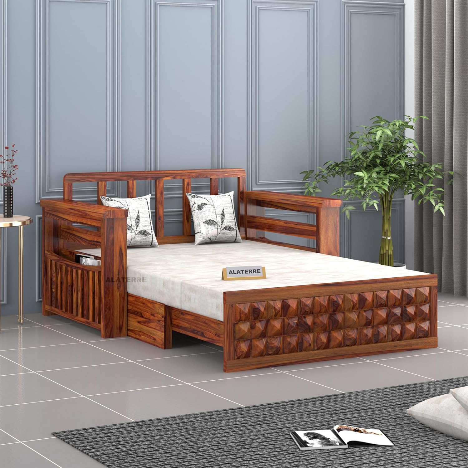 Sofa Cum Bed || Sheesham Wood 2 Seater Sofa Cum Bed for Home || Wooden Sofa Cum Bed for Living Room Furniture || Comfort Dubole Bed Folding with Storage Armrest (2 Seater, Honey Finish) - Image 2