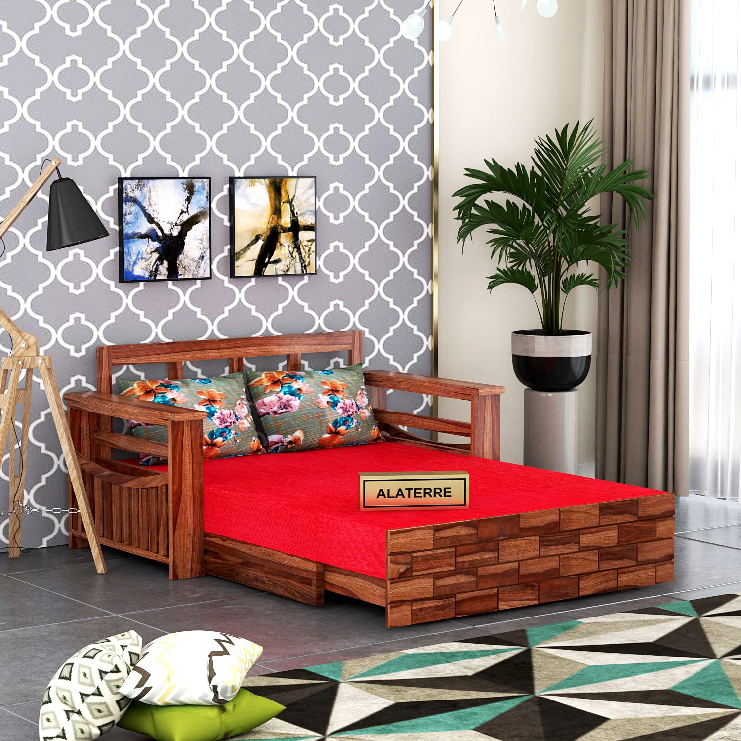 Solid Sheesham Teak Wood 2 Seater Sofa Cum Bed for Home | Sofa Cums Bed for Living Room Wooden | Sofa Bed with Storage | Without Pillow | 2 Seater, Honey Finish - Image 2