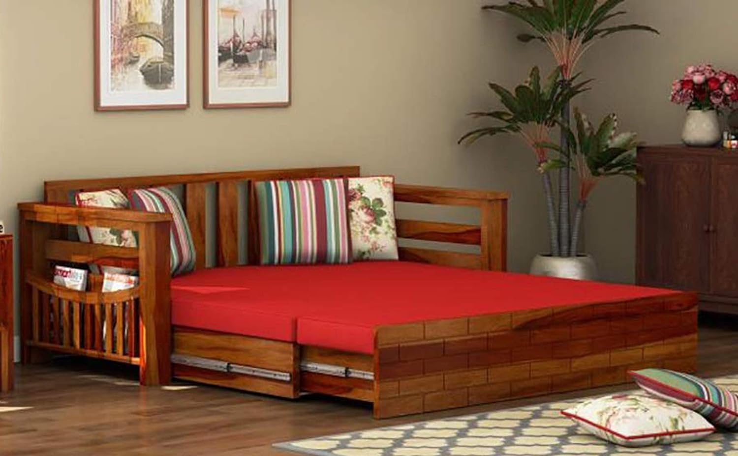 Solid Sheesham Wood Sofa Set 3 Seater Furniture Wooden 3 Seater Sofa Cums Bed for Home Living Room with Cushions | Sofa Cum Bed | Sheesham Wood (Honey Finish) - Image 2