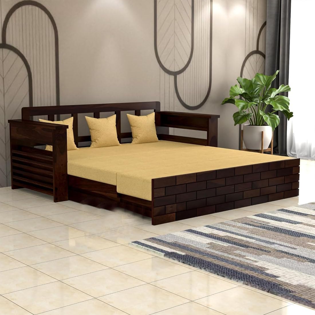 Solid Sheesham Wooden Sofa Cums Bed with Mattress for Living Room | Rosewood 3 Seater Sofa Cums Bed for Bedroom Without Pillow (Walnut,Gantor, 3 Seater) - Image 2