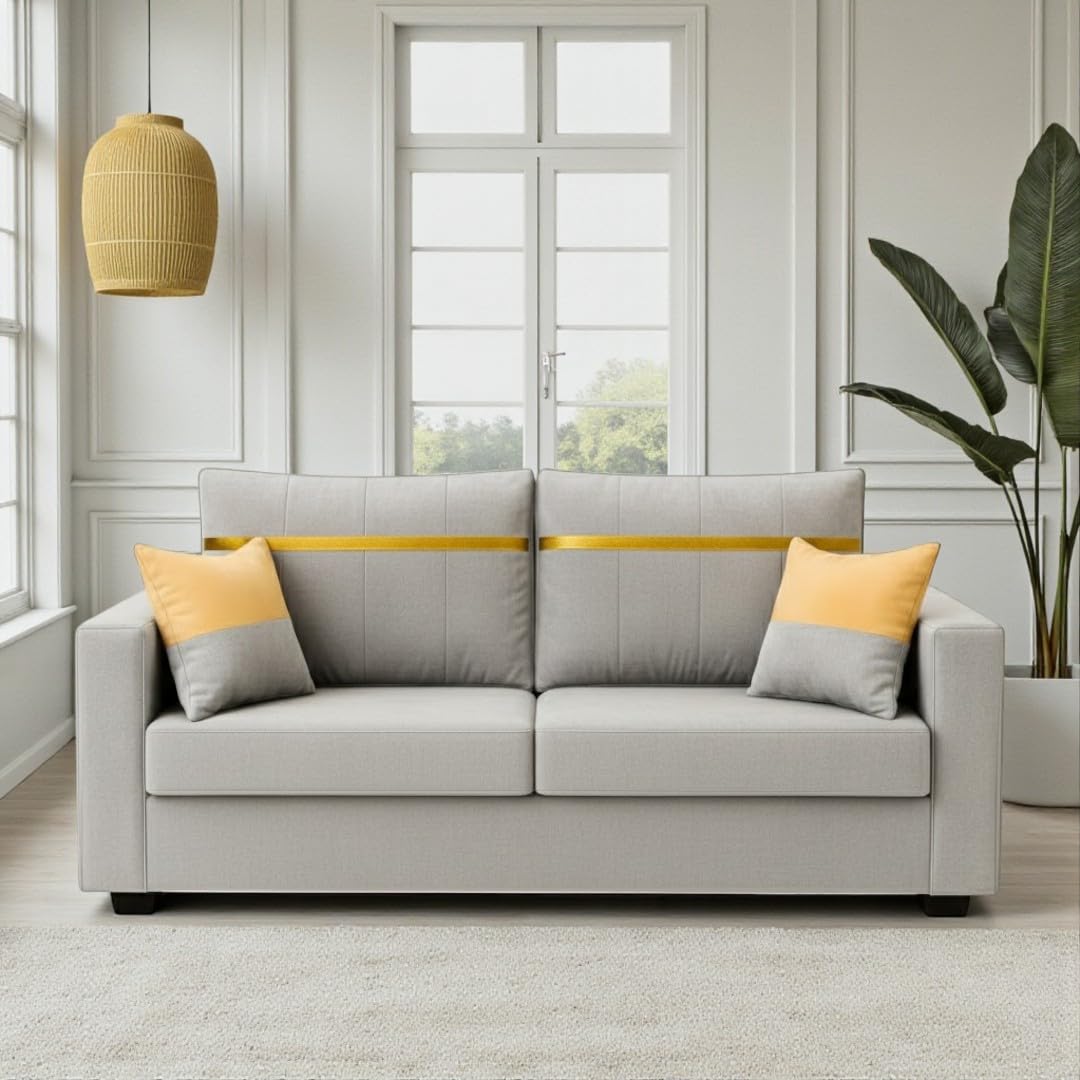 Stonvik 2 Seater Sofa Set | Soft Velvet Suede Fabric | Modern Design | Plush Comfort Cushions for Living Room (Light Grey, Gold Stripped Cushion) - Image 2