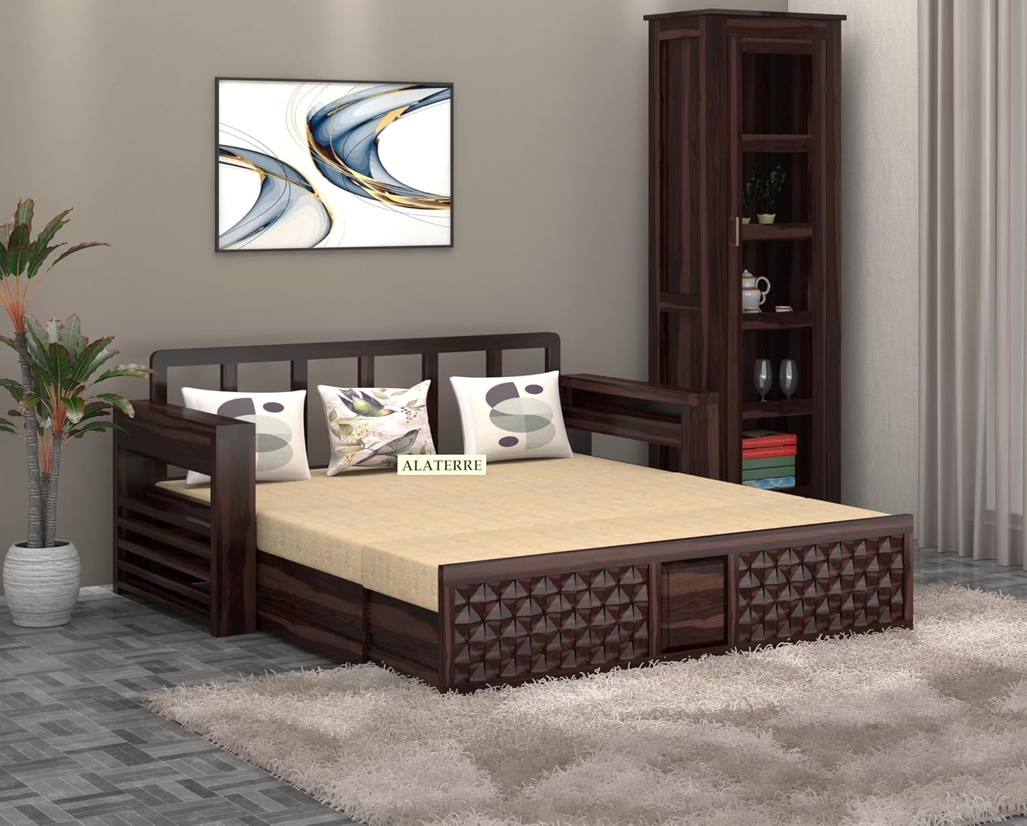 Wooden 3 Seater Sofa Cum Bed for Home || Sheesham Wood Sofa Cum Bed for Living Room || Comfort Folding Dubole Bed with Storage Armrest || Modern & Unqiue Furniture Sofa 3 Seater, Walnut Finish - Image 2