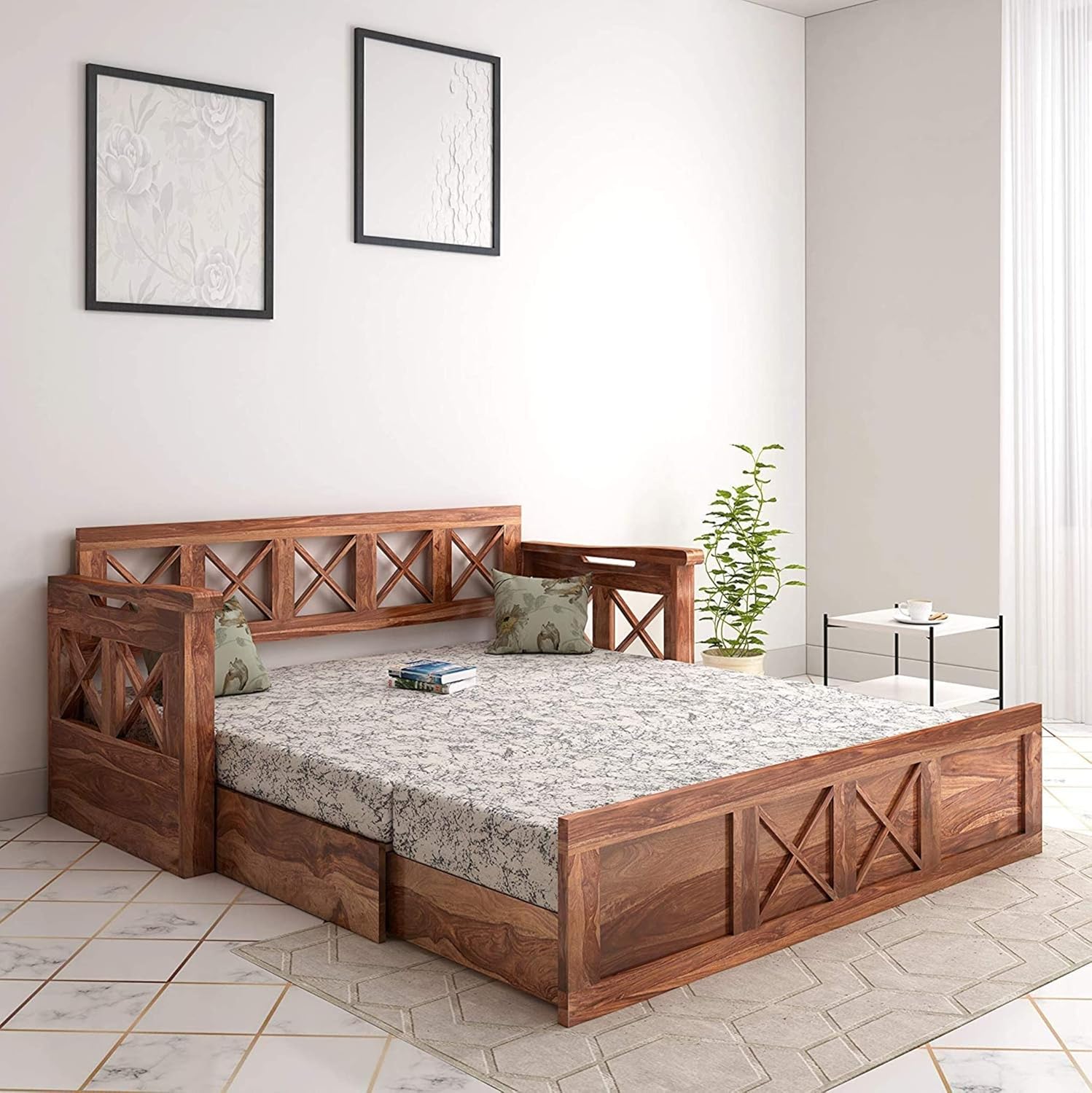 Wooden Twist Wooden Sofa Cum Bed for Living Room Home (Teak Wood) - Image 2